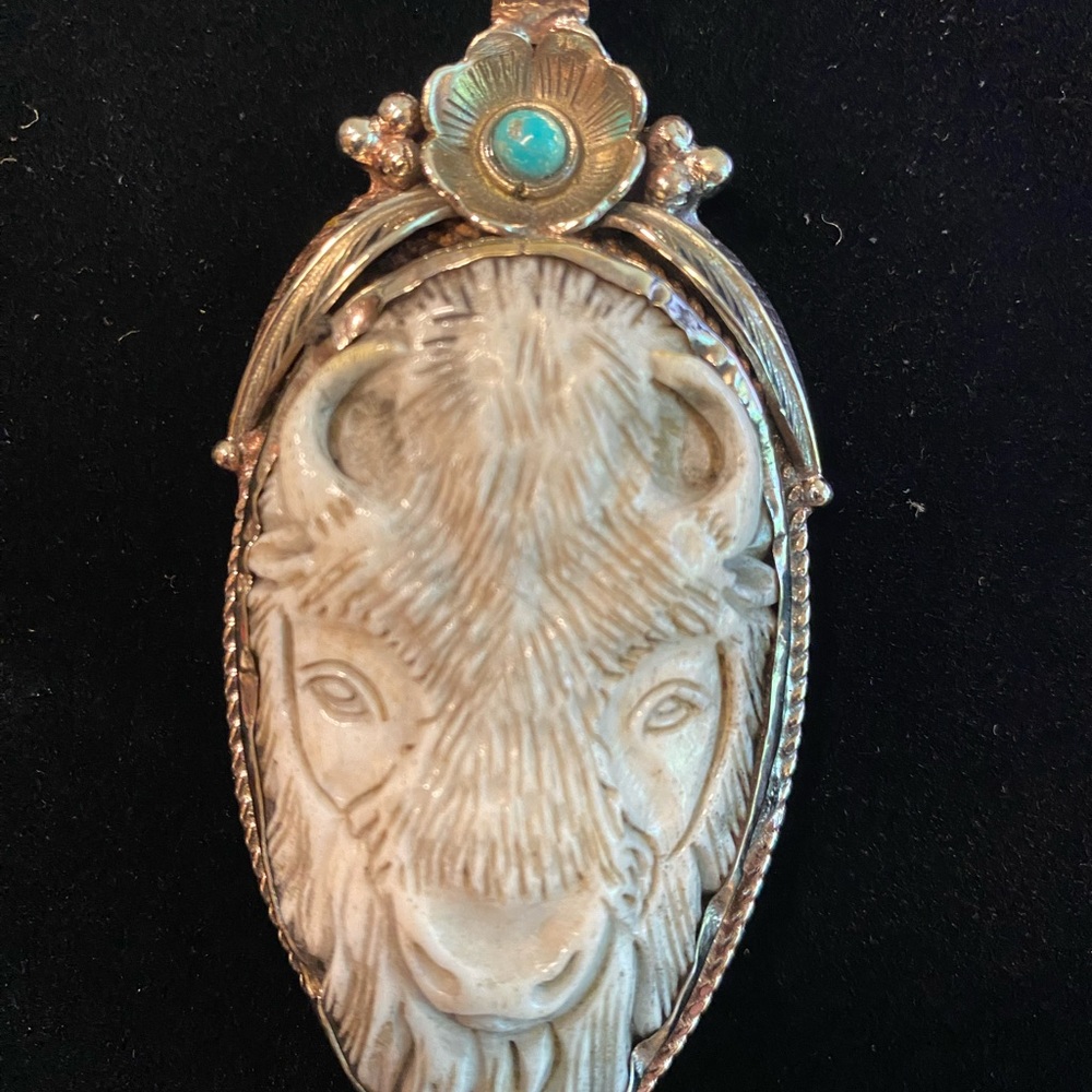 503. Carved Bison/buffalo Pendant with Turquoise Hand carved from buffalo bone